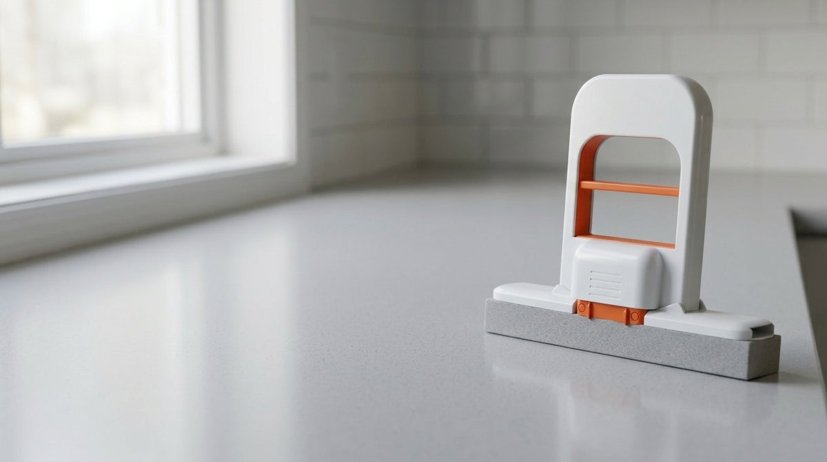 Mini fregona plegable sobre una encimera de cocina junto a la ventana