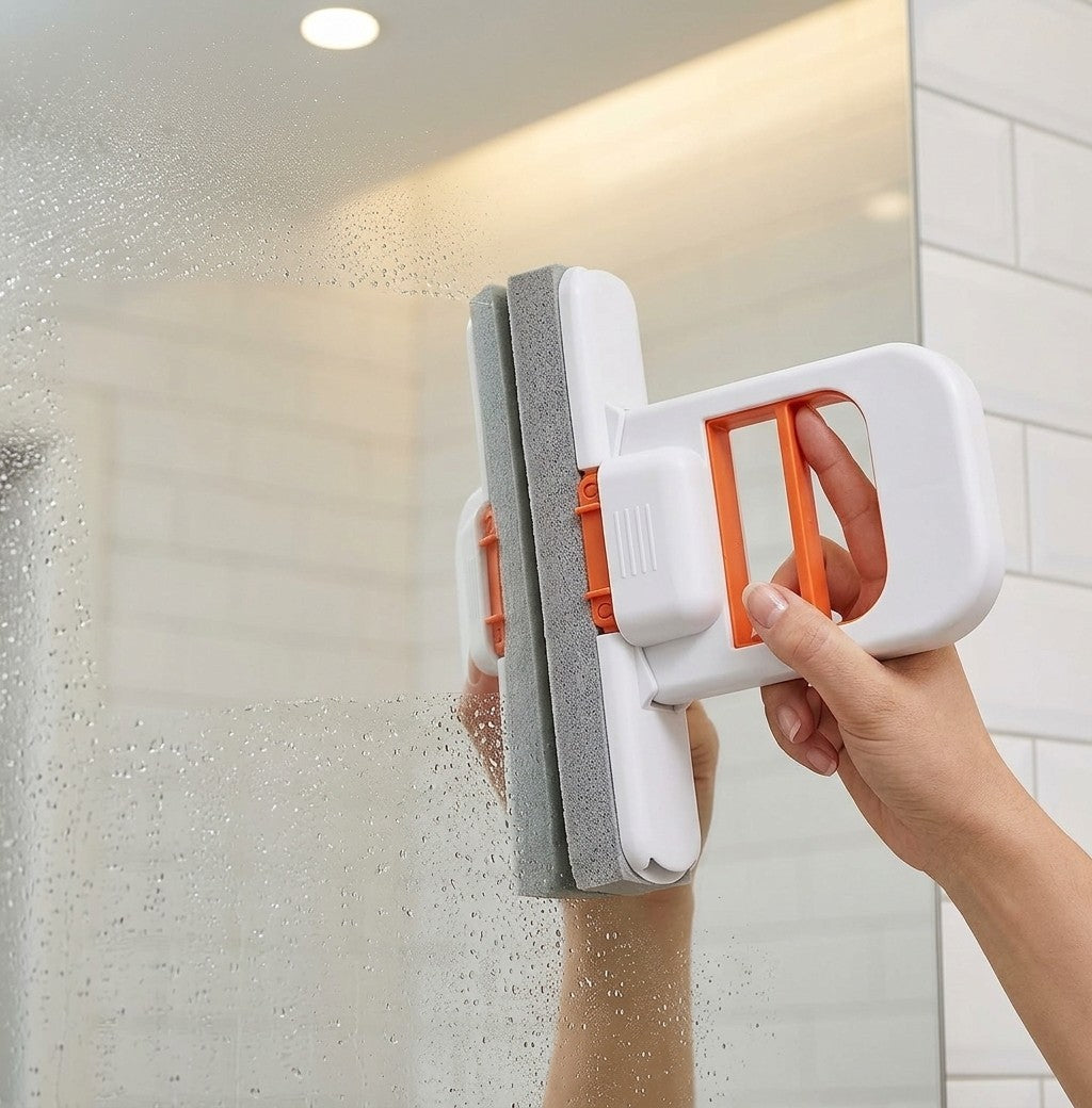 Secando la mampara del bano con la mini fregona plegable